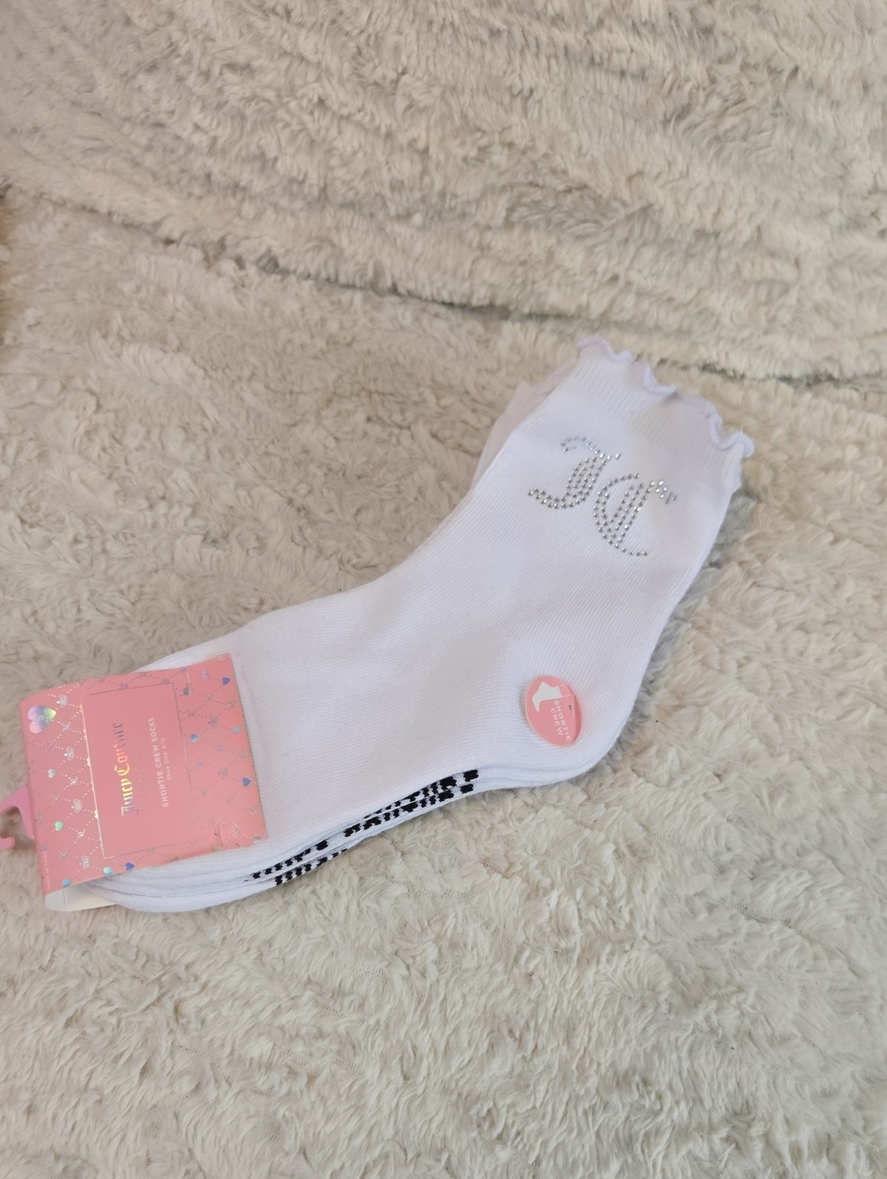 Juicy Couture White Ruffle-Top Socks with Crystal JC Accent